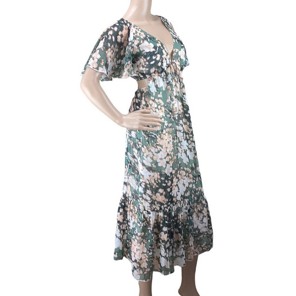 New ASOS Design Green Peach Blurred Floral Print Tie Front Cutout Midi Dress 8 - Picture 5 of 11